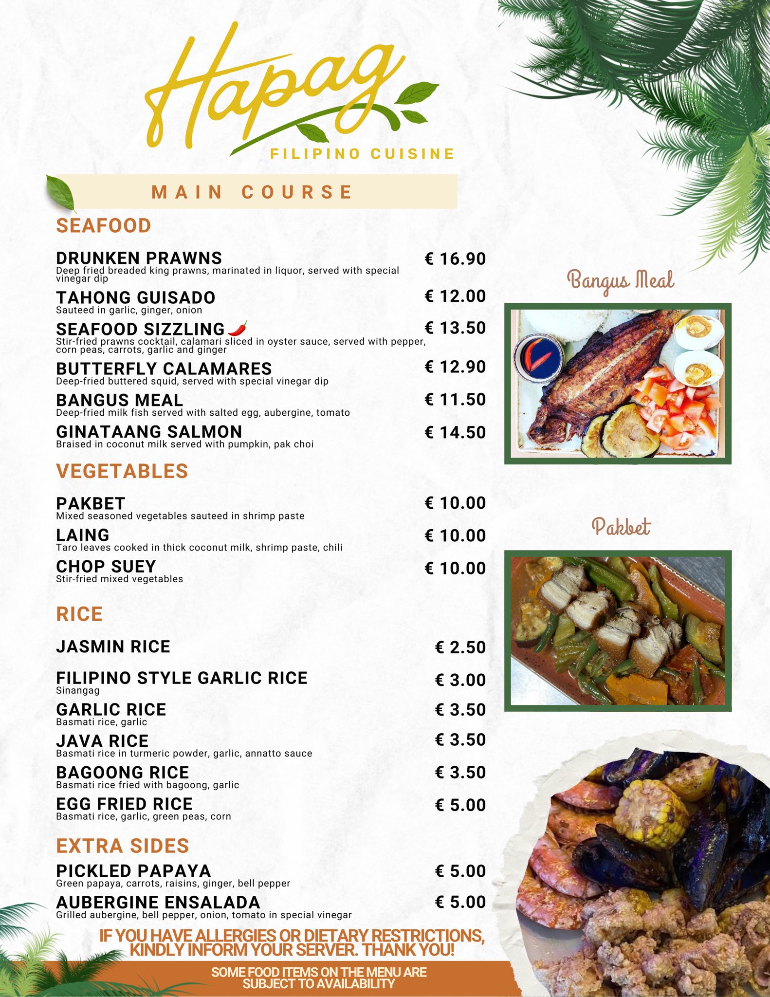 Hapag seafood, vegetables, rice, and sides menu